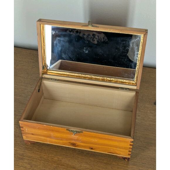 Vintage Litho Woodland Print Cedar Wood Jewelry Trinket Stash Box Mirrored - Picture 9 of 14